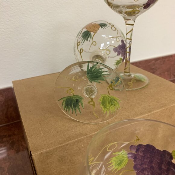 WINE GLASSES - set 6 Hand Painted GRAPES, VINES, LEAVES Design Wine Glasses 8.5" - Picture 7 of 8